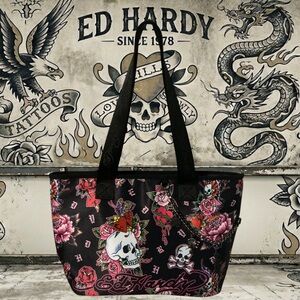 🐅🖤 Rare Vintage Y2K Ed Hardy Skull Rose Tiger Chain Canvas Tote Bag With Chain